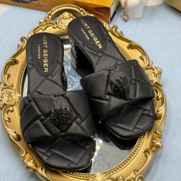 🆕 KURT GEIGER LONDON 🧿 NWOB Black Kensington Quilted Block Heel Sandal, Sz35 5 - Picture 11 of 16